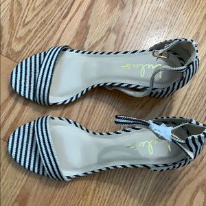 Navy Striped Chunky Heeled Sandals w/ Ankle Strap